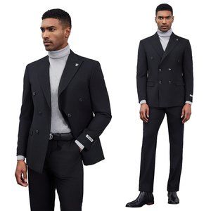 2024 Stacy Adams Double-Breasted Peak Lapel Men's Suit, Black